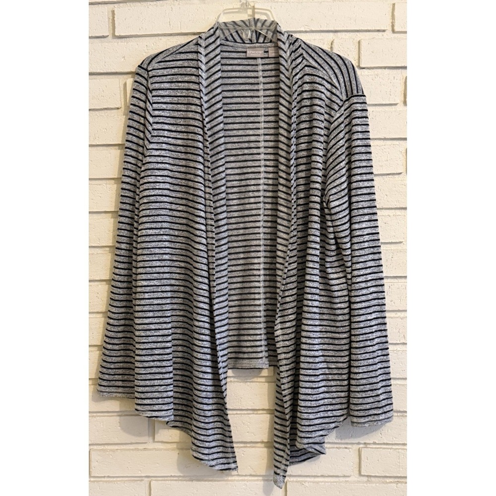 Chico's Zenergy 2 Cardigan Sweater Womens Size US 12/14 Gray Black Striped Knit